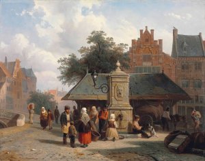 By the well in a Dutch town square by Cornelis Springer Oil Painting