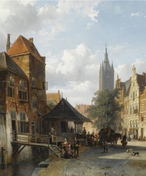 Figures At The Fish Market In Delft by Cornelis Springer Oil Painting