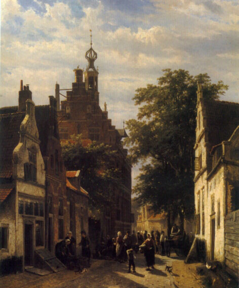 Figures in a Street in Delft by Cornelis Springer - Hand-Painted Oil Painting Reproduction