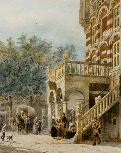 Main Product Photo of Figures on the Bank in Deventer Painting by Cornelis Springer