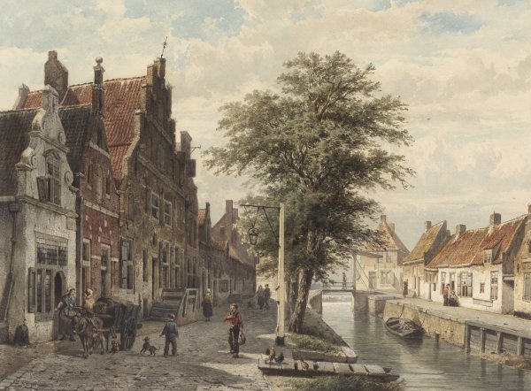 Gezicht op de gracht te Hasselt  by Cornelis Springer - Hand-Painted Oil Painting Reproduction