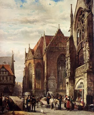 Many Figures On The Market Square In Front Of The Martinikirche, Braunschweig by Cornelis Springer - Oil Painting Reproduction