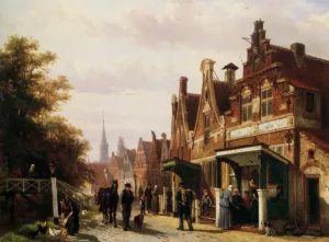 Street Scene with Figures by Cornelis Springer - Oil Painting Reproduction