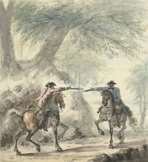 Twee ruiters, elkaar op een bosweg ontmoetend en op elkaar vurend by Cornelis Troost Oil Painting