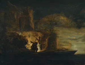Figures Around A Fire On A River Bank Beneath A City Fortification At Night Oil painting by Cornelis Van Der Schalcke
