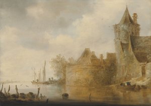 River landscape with a tower and village buildings behind a wall by Cornelis Van Der Schalcke Oil Painting