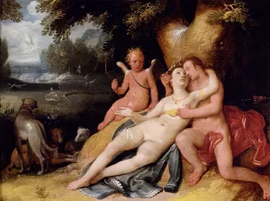 Venis and Adonis with Cupid in a Landscape by Cornelis Van Haarlem - Oil Painting Reproduction