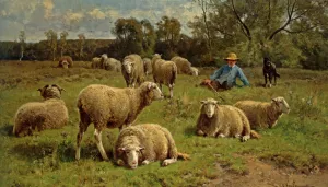 A Shepherd and His Dog Guarding a Flock of Sheep