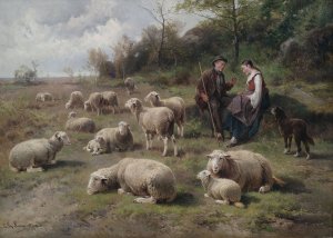 Schaferpaar mit Herde in Weidelandschaft by Cornelis Van Leemputten Oil Painting