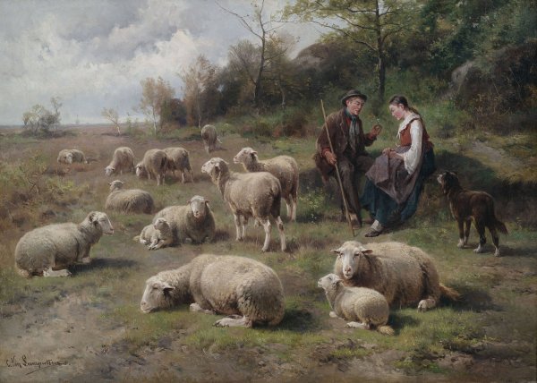 Main Product Photo of Schaferpaar mit Herde in Weidelandschaft Painting by Cornelis Van Leemputten