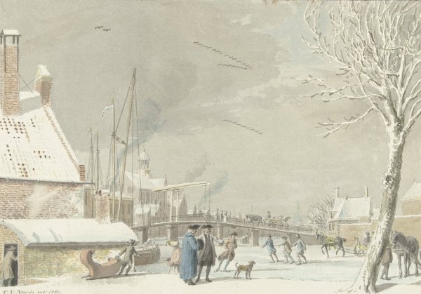 Bevroren stadsgracht met schaatsers  by Cornelis Van Noorde - Hand-Painted Oil Painting Reproduction