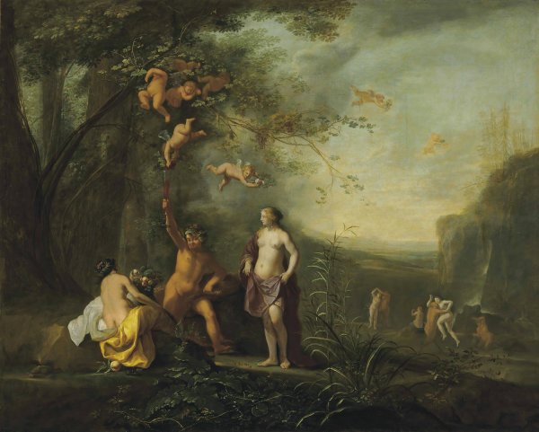 Bacchus, Venus and Ceres under a grapevine in a pastoral landscape with putti, nymphs and satyrs  by Cornelis Van Poelenburch - Hand-Painted Oil Painting Reproduction