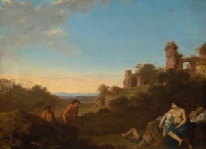 Satyrs and sleeping nymphs against Italian landscape by Cornelis Van Poelenburch Oil Painting