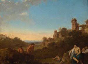 Satyrs and sleeping nymphs against Italian landscape by Cornelis Van Poelenburch Oil Painting