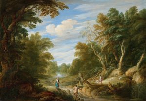 Wooded Landscape with Figures by Cornelis Van Poelenburch Oil Painting