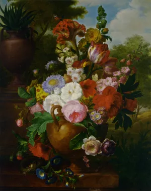 A Flower Still Life with Roses Tulips Peonies and other Flowers in a Vase