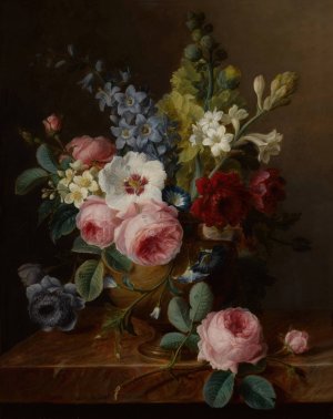 Still life of flowers in a vase on a marble ledge, including roses, hibiscus, bellflowers, hollyhocks, and anenomes by Cornelis Van Spaendonck Oil Painting