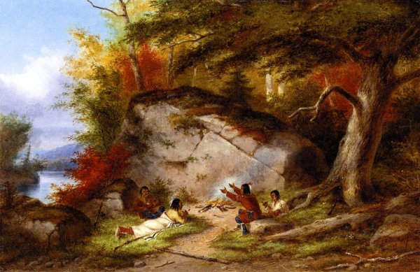 Indian Campfire at Big Rock by Cornelius Krieghoff - Hand-Painted Oil Painting Reproduction