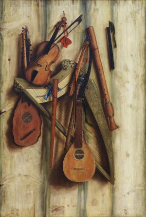 Board Partition With Musical Instruments. Trompe L'oeil Oil painting by Cornelius Norbertus Gijsbrechts