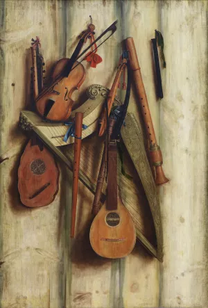 Board Partition With Musical Instruments. Trompe L'oeil Oil painting by Cornelius Norbertus Gijsbrechts