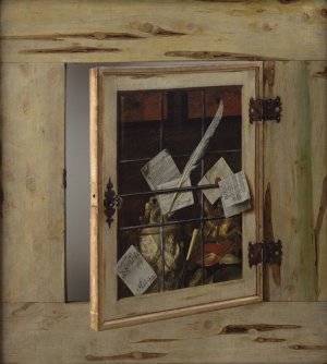 Trompe L'oeil. A Cabinet Of Curiosities With An Ivory Tankard Oil painting by Cornelius Norbertus Gijsbrechts