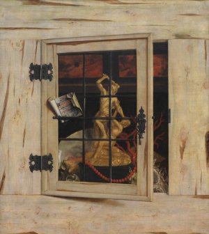 Trompe L'oeil. An Open Cabinet Of Curiosities With A Hercules Group by Cornelius Norbertus Gijsbrechts Oil Painting