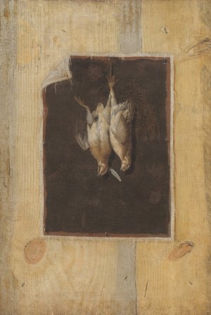 Trompe L'oeil. Board Partition With A Still Life Of Two Dead Birds Hanging On A Wall by Cornelius Norbertus Gijsbrechts Oil Painting