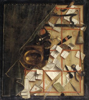 Trompe L'oeil. Letter Rack With A Barber-Surgeon's Instruments by Cornelius Norbertus Gijsbrechts Oil Painting