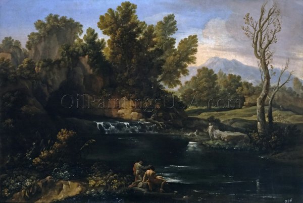 Landscape with Waterfall by Corrado Giaquinto - Hand-Painted Oil Painting Reproduction