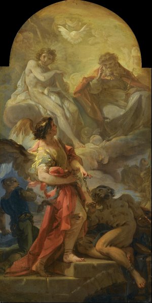 The Holy Trinity with an Archangel Freeing Slaves - Bozzetto by Corrado Giaquinto Oil Painting