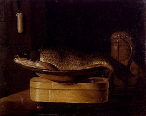 Still Life of a Carp in a Bowl Placed on a Wooden Box, All Resting on a Table