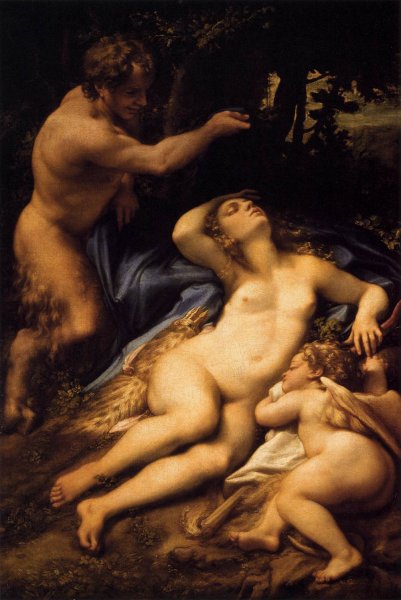 Venus and Cupid with a Satyr by Correggio - Hand-Painted Oil Painting Reproduction