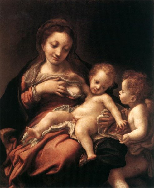 Virgin and Child with an Angel also known as Madonna del Latte by Correggio - Hand-Painted Oil Painting Reproduction