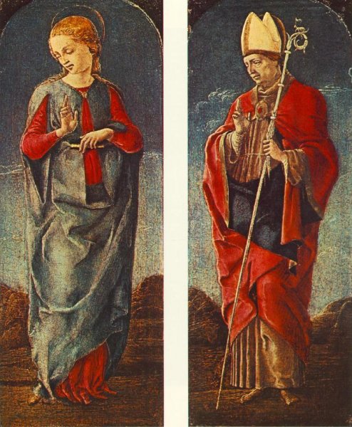 Main Product Photo of Virgin Announced and St Maurelio Panels of a Polyptych Painting by Cosme Tura