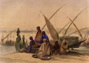 On the Banks of the Nile, Cairo by Count Amadeo Preziosi Oil Painting