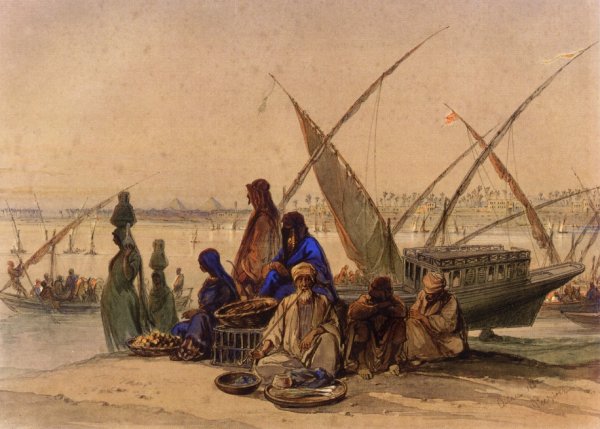 On the Banks of the Nile, Cairo by Count Amadeo Preziosi - Hand-Painted Oil Painting Reproduction