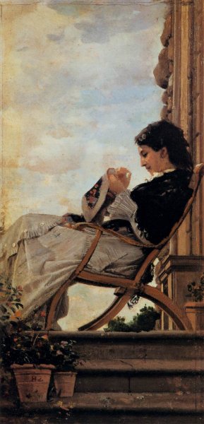 Woman Sewing on the Terrace