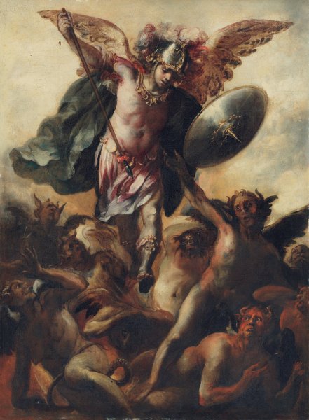 Saint Michael vanquishing the Devil by Cristobal De Villalpando - Hand-Painted Oil Painting Reproduction
