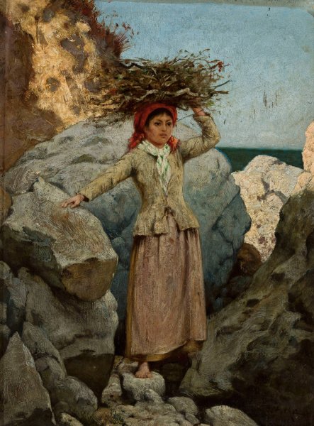 Annunziata. Girl with a bunch of brushwood on her head  by Curt Agthe - Hand-Painted Oil Painting Reproduction