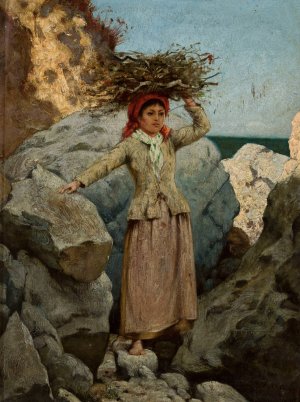 Annunziata. Girl with a bunch of brushwood on her head by Curt Agthe Oil Painting
