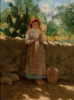Vincenziana - girl with a distaff against a wall by Curt Agthe Oil Painting