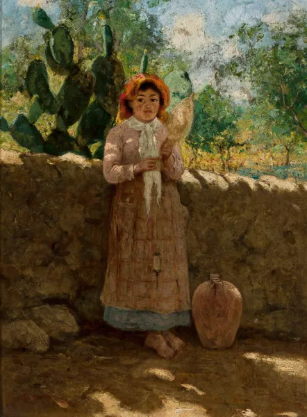 Vincenziana - girl with a distaff against a wall by Curt Agthe Oil ...