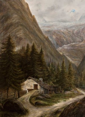 Mountain landscape with a cottage by Cyprian Lachnicki Oil Painting