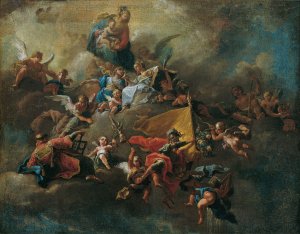 Maria mit dem Kind und Heiligen, auf Wolken thronend by Daniel Gran Oil Painting