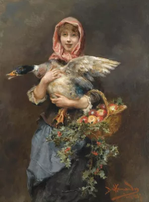 Muchacha Con pato Oil painting by Daniel Hernandez Morillo