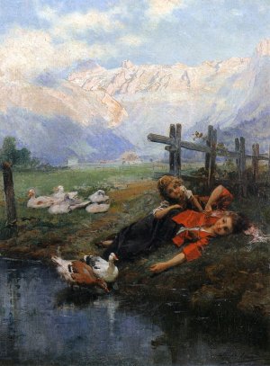 Children and Geese by a Pond
