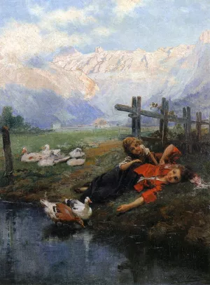 Children and Geese by a Pond Oil painting by Daniel Hernandez
