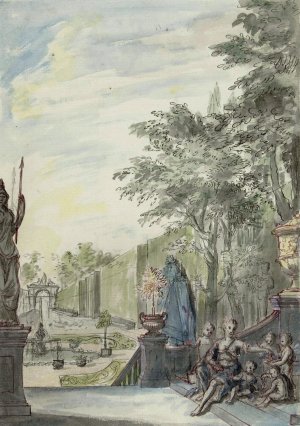 Gezicht vanaf een terras in een ornamentale tuin by Daniel Marot The Younger Oil Painting