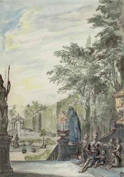 Gezicht vanaf een terras in een ornamentale tuin  by Daniel Marot The Younger - Hand-Painted Oil Painting Reproduction