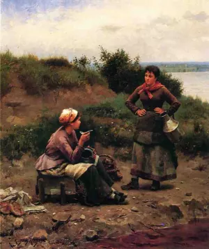 A Discussion Between Two Young Ladies by Daniel Ridgway Knight - Oil Painting Reproduction